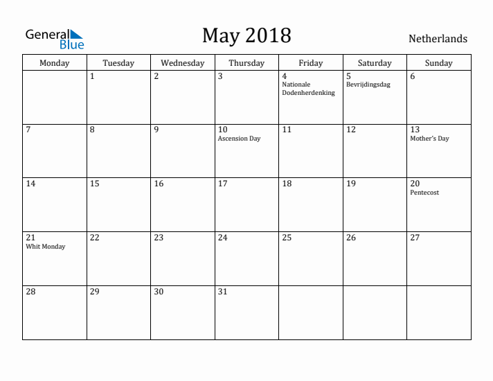 May 2018 Calendar The Netherlands