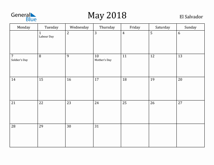 May 2018 Calendar El Salvador