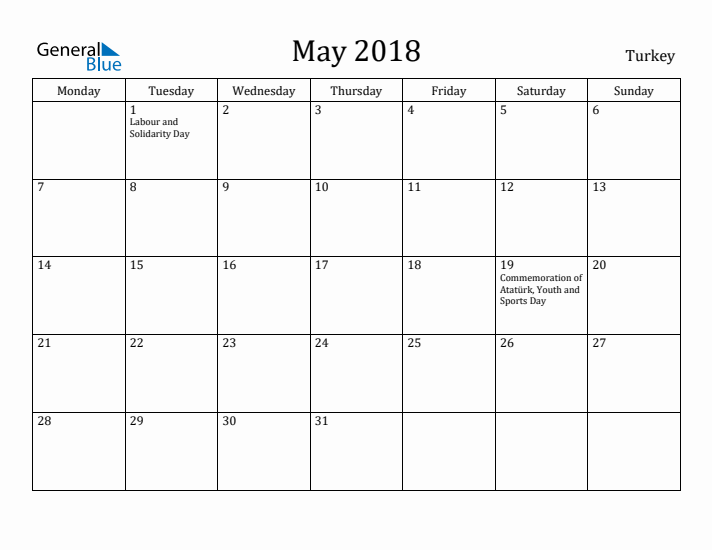 May 2018 Calendar Turkey