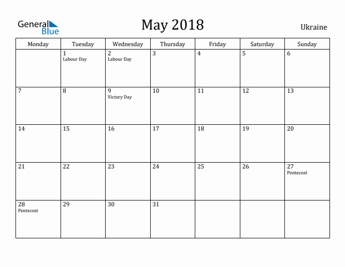 May 2018 Calendar Ukraine