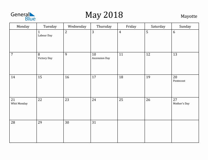 May 2018 Calendar Mayotte