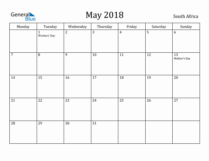 May 2018 Calendar South Africa