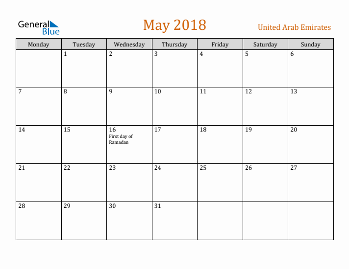 May 2018 Holiday Calendar with Monday Start