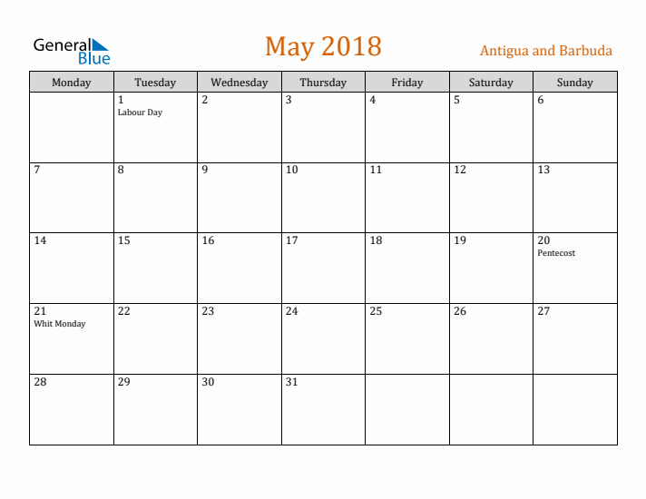 May 2018 Holiday Calendar with Monday Start