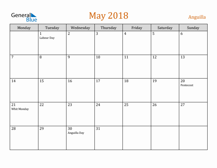 May 2018 Holiday Calendar with Monday Start