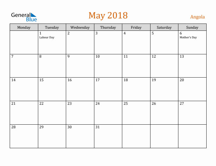 May 2018 Holiday Calendar with Monday Start