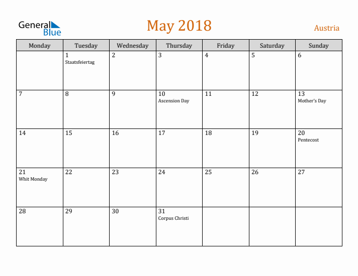 May 2018 Holiday Calendar with Monday Start