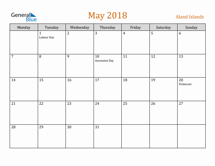 May 2018 Holiday Calendar with Monday Start