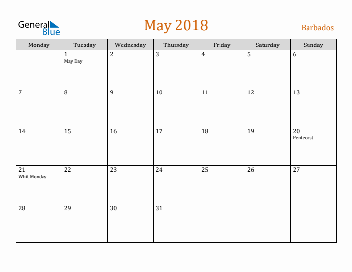 May 2018 Holiday Calendar with Monday Start