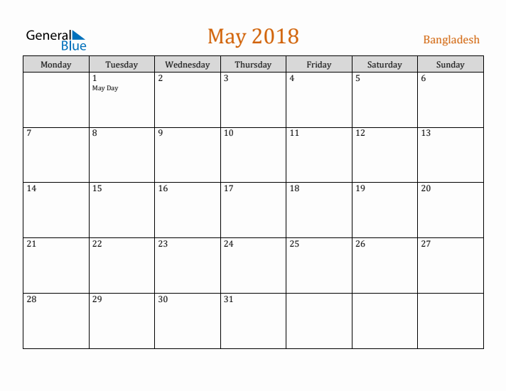 May 2018 Holiday Calendar with Monday Start