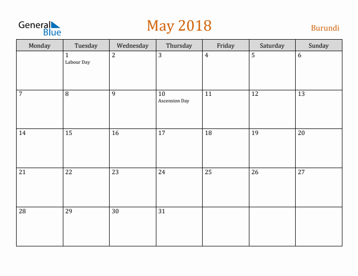 May 2018 Holiday Calendar with Monday Start