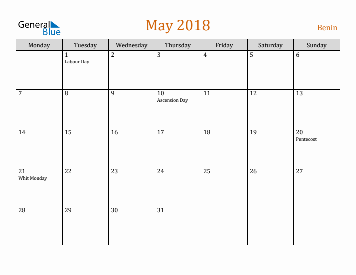 May 2018 Holiday Calendar with Monday Start