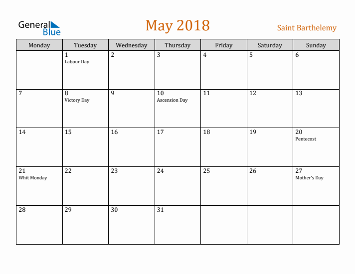 May 2018 Holiday Calendar with Monday Start