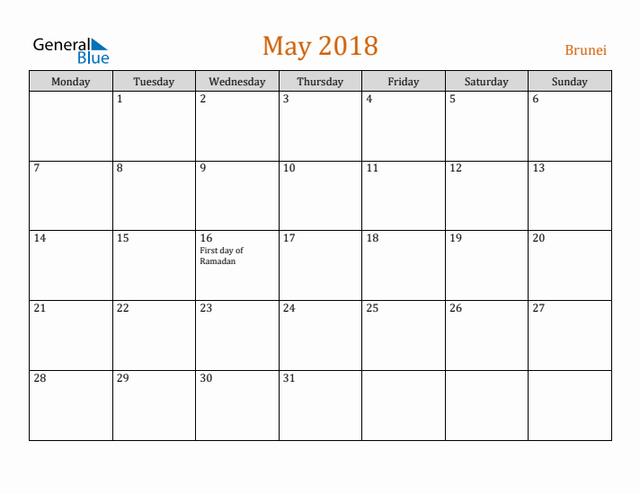 May 2018 Holiday Calendar with Monday Start