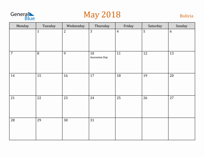 May 2018 Holiday Calendar with Monday Start