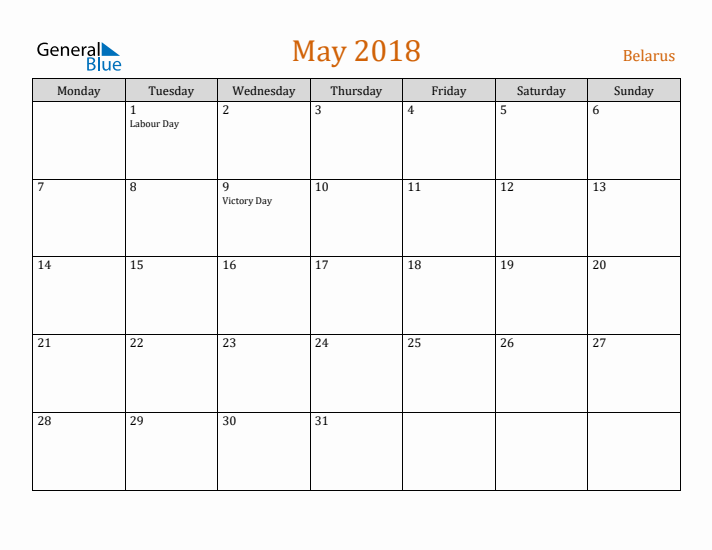 May 2018 Holiday Calendar with Monday Start