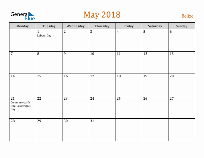 May 2018 Holiday Calendar with Monday Start