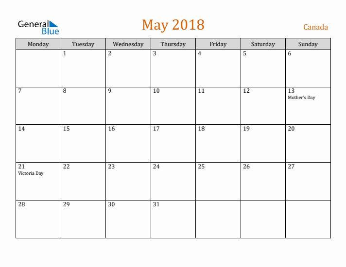 May 2018 Holiday Calendar with Monday Start