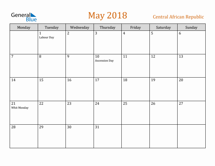 May 2018 Holiday Calendar with Monday Start