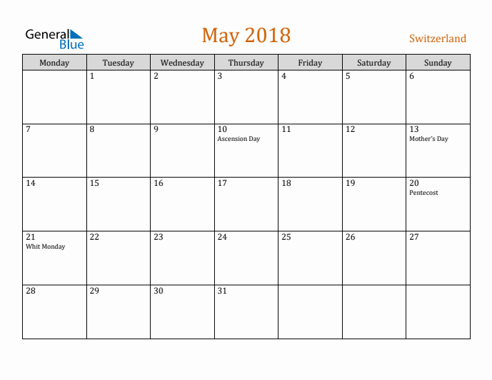 May 2018 Holiday Calendar with Monday Start