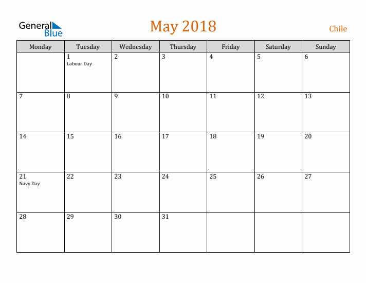 May 2018 Holiday Calendar with Monday Start