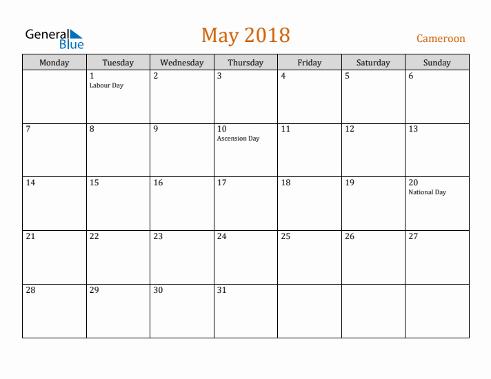 May 2018 Holiday Calendar with Monday Start