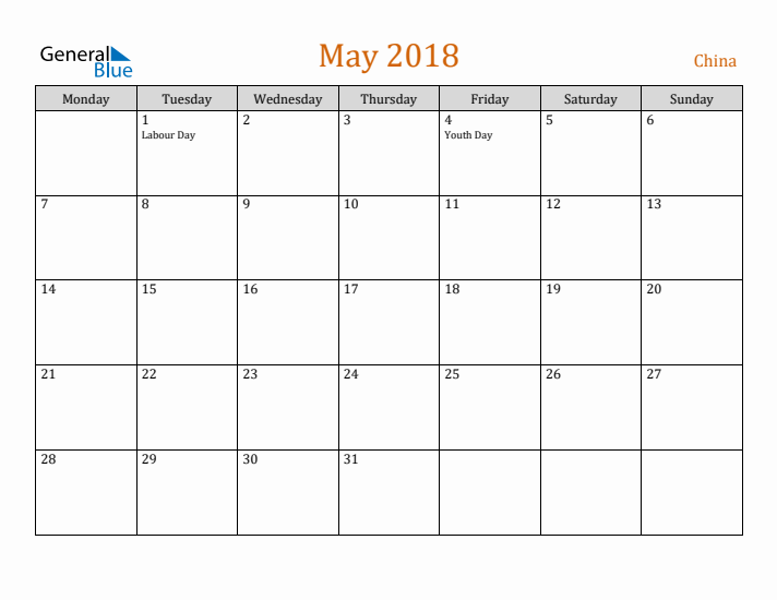 May 2018 Holiday Calendar with Monday Start