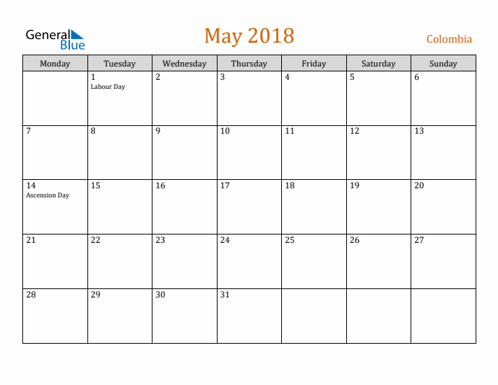 May 2018 Holiday Calendar with Monday Start