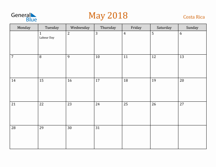 May 2018 Holiday Calendar with Monday Start