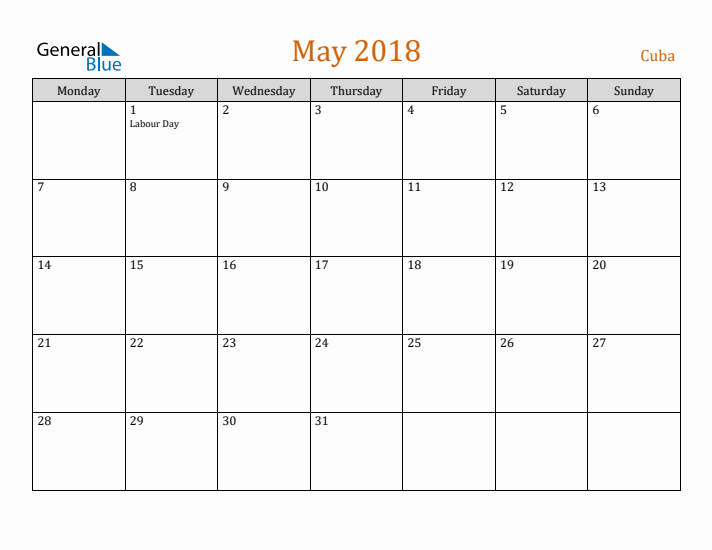 May 2018 Holiday Calendar with Monday Start