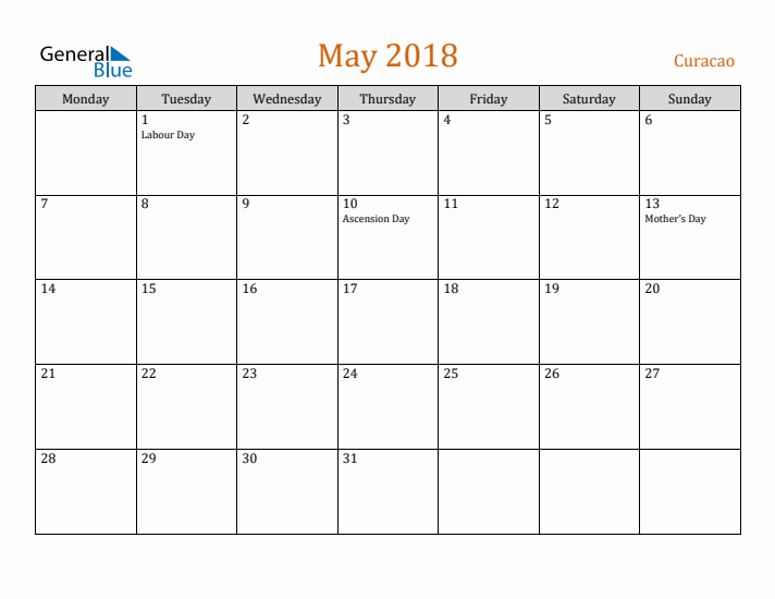 May 2018 Holiday Calendar with Monday Start