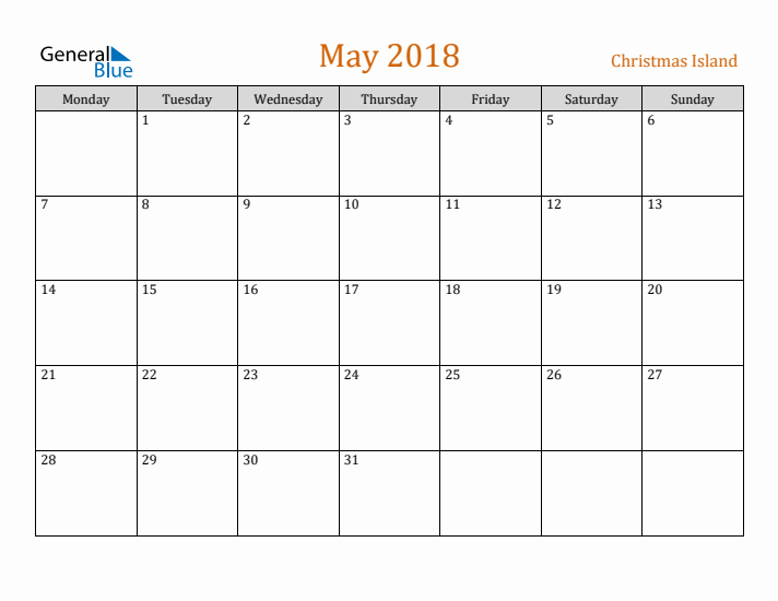 May 2018 Holiday Calendar with Monday Start