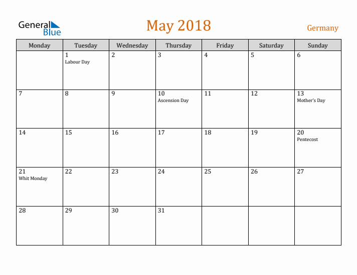 May 2018 Holiday Calendar with Monday Start