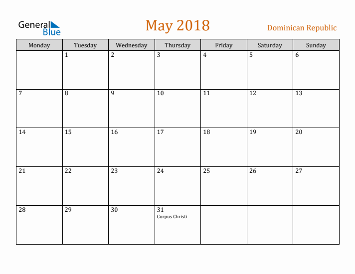 May 2018 Holiday Calendar with Monday Start