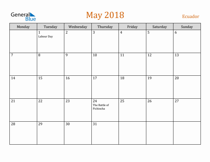 May 2018 Holiday Calendar with Monday Start