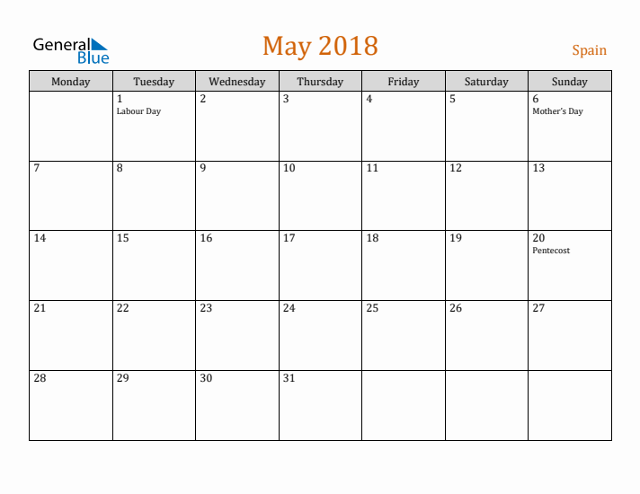 May 2018 Holiday Calendar with Monday Start