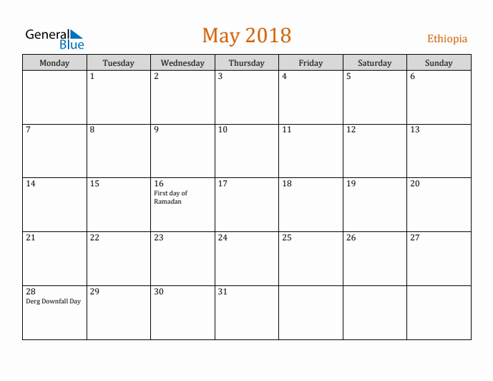 May 2018 Holiday Calendar with Monday Start