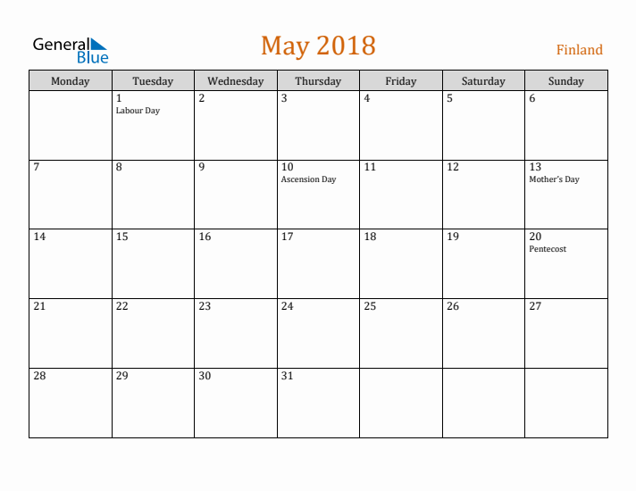 May 2018 Holiday Calendar with Monday Start