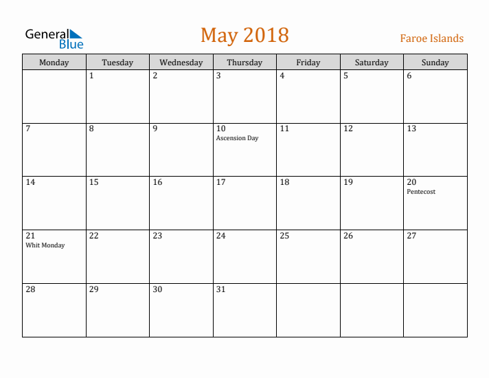 May 2018 Holiday Calendar with Monday Start