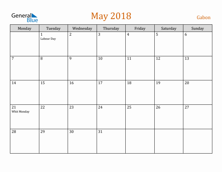 May 2018 Holiday Calendar with Monday Start