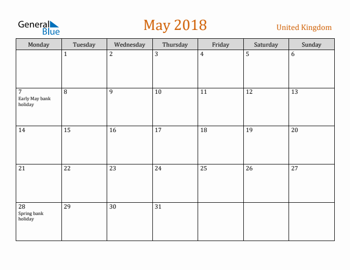 May 2018 Holiday Calendar with Monday Start