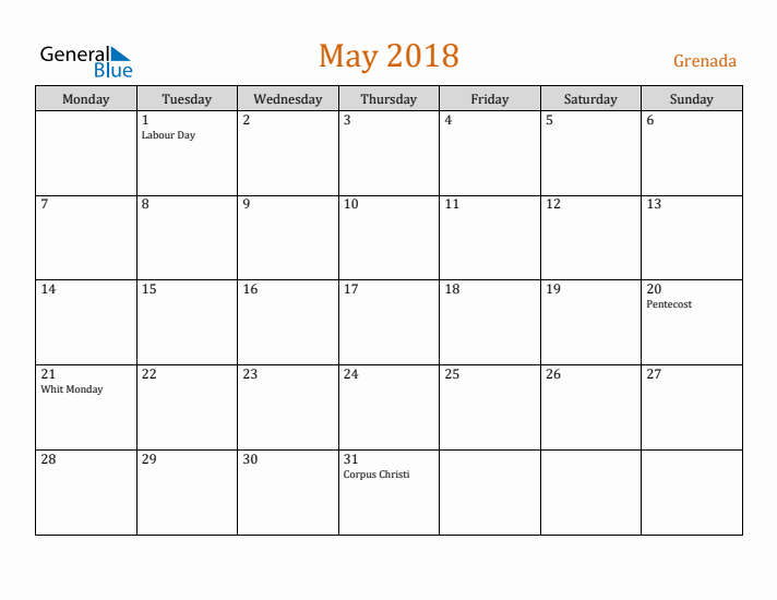 May 2018 Holiday Calendar with Monday Start