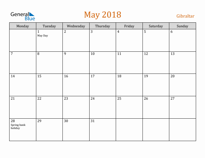 May 2018 Holiday Calendar with Monday Start