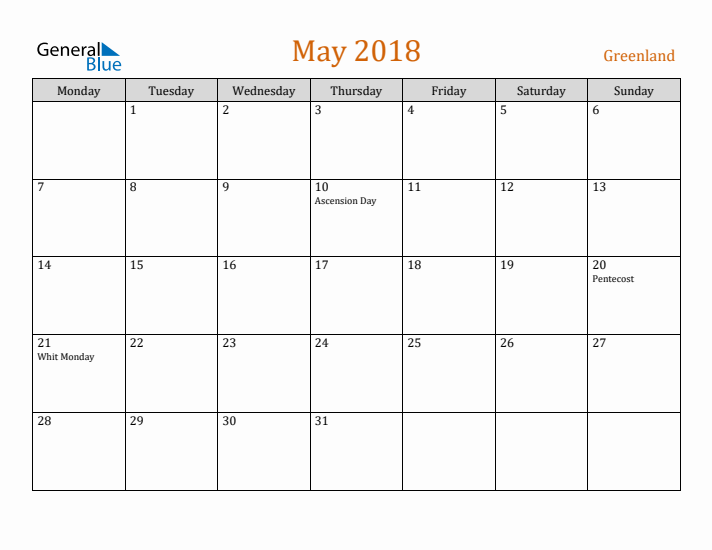 May 2018 Holiday Calendar with Monday Start