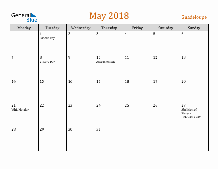 May 2018 Holiday Calendar with Monday Start