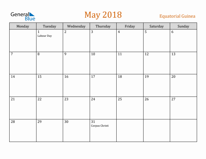 May 2018 Holiday Calendar with Monday Start