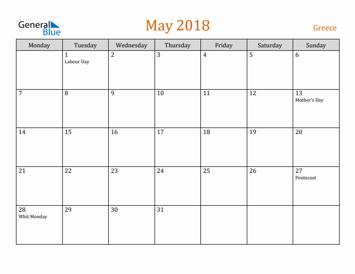 May 2018 Holiday Calendar with Monday Start