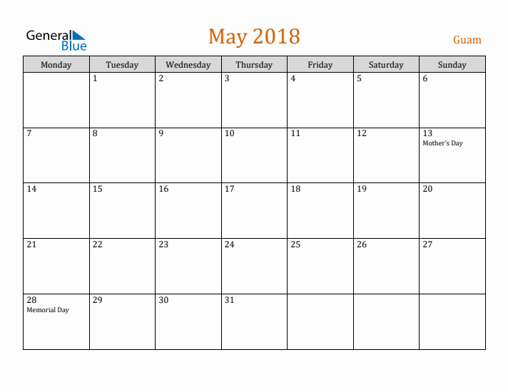 May 2018 Holiday Calendar with Monday Start