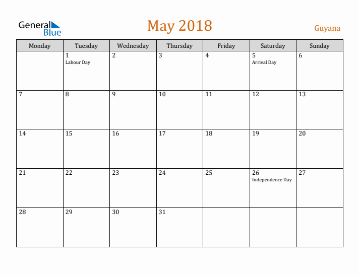 May 2018 Holiday Calendar with Monday Start