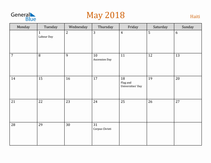 May 2018 Holiday Calendar with Monday Start